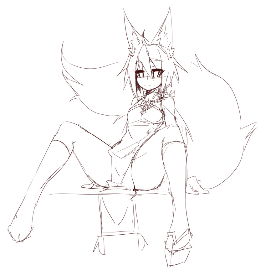 2016 absurd_res animal_humanoid big_tail breasts canine clothed clothing female fox fox_humanoid hi_res humanoid inner_ear_fluff loincloth mammal no_pupils platform_footwear simple_background sitting sketch small_breasts smile solo spread_legs spreading sub-res suzu_(sub-res) white_background
