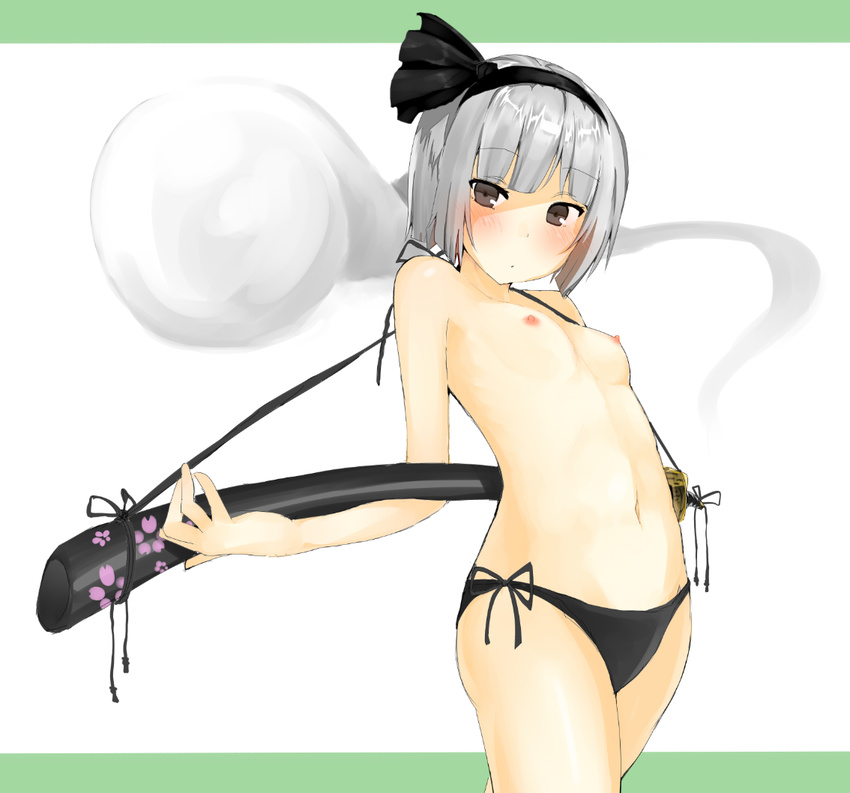 arched_back arms_behind_back bangs black_hairband blunt_bangs blush breasts commentary_request cowboy_shot eyebrows_visible_through_hair foreshortening ghost grey_eyes hairband holding holding_sheath katana kojiri konpaku_youmu konpaku_youmu_(ghost) kuaru_(okamokomon) looking_at_viewer navel nipples panties partial_commentary sageo saya_(scabbard) sheath sheathed short_hair side-tie_bottom side-tie_panties silver_eyes small_breasts solo standing stomach sword tassel topless touhou tsuba_(guard) tsuka-ito tsuka_(handle) underwear underwear_only weapon