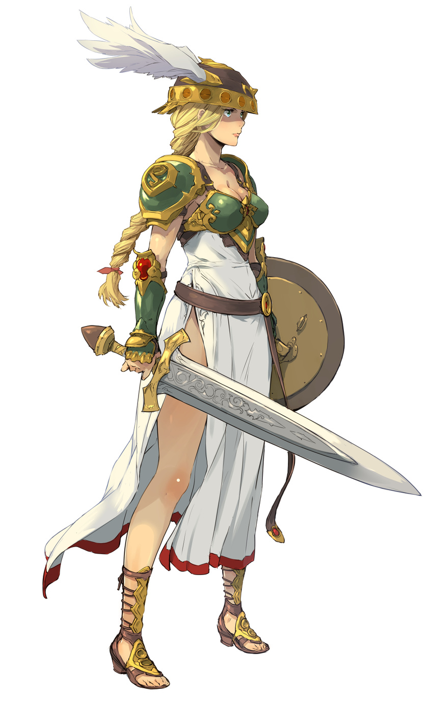 armor armored_dress belt bikini_armor blonde_hair blue_eyes braid breasts cleavage collarbone commentary enami_katsumi full_body gauntlets green_armor hair_ribbon helmet highres holding holding_shield holding_sword holding_weapon legs long_hair long_sword looking_afar medium_breasts pauldrons ribbon robe sandals serious shield simple_background single_braid solo standing sword tress_ribbon unsheathed valkyrie valkyrie_(vnd) valkyrie_no_densetsu very_long_hair warrior weapon white_background white_robe winged_helmet