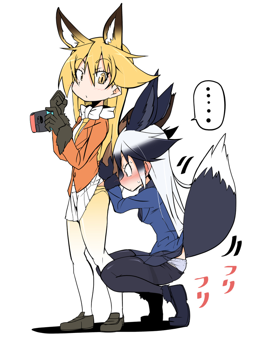2girls animal_ears black_gloves black_hair black_legwear blonde_hair blush bow bowtie commentary_request ezo_red_fox_(kemono_friends) fox_ears fox_tail from_behind full-face_blush full_body fur_trim gloves hair_between_eyes handheld_game_console highres jacket kemono_friends long_hair long_sleeves looking_at_another moyachii multicolored_hair multiple_girls nintendo_switch panties pantyhose pleated_skirt silver_fox_(kemono_friends) silver_hair skirt skirt_lift sweatdrop tail two-tone_hair underwear white_background white_bow white_neckwear white_panties yellow_panties yuri