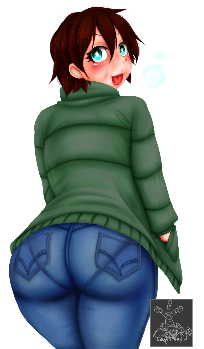 1girl ass blush breasts denim from_behind green_eyes huge_ass jacket jeans looking_at_viewer looking_back milf open_mouth original pants pantylines red_hair sasori-sanin shiny shiny_hair short_hair sideboob smile solo