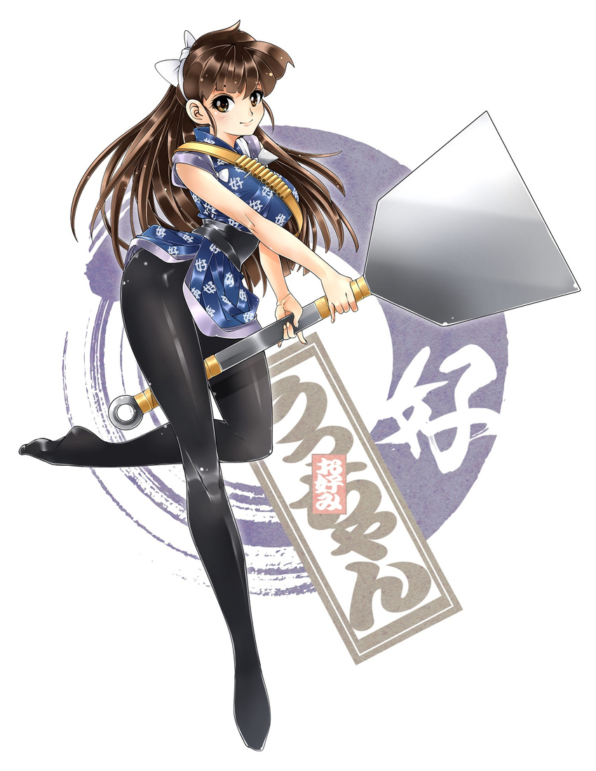 bandolier bangs black_legwear blunt_bangs bow brown_eyes brown_hair cai-man calligraphy commentary_request eyelashes fingernails full_body hair_bow highres holding_spatula japanese_clothes kimono kuonji_ukyou lips long_hair looking_at_viewer no_shoes oversized_object pantyhose pinky_out plantar_flexion ranma_1/2 sash solo spatula tasuki translation_request very_long_hair white_bow yukata