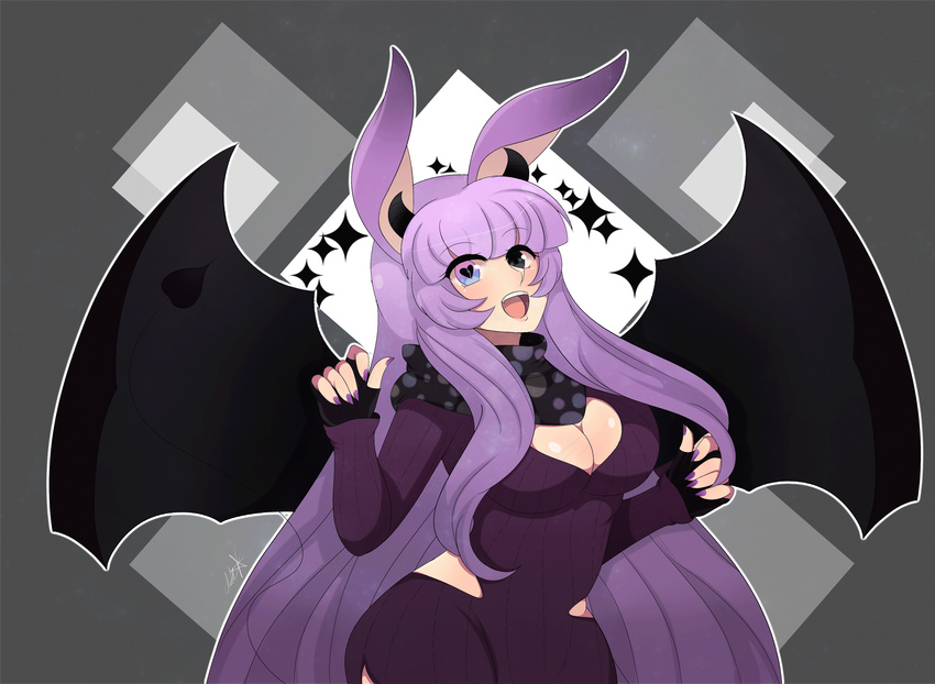 &lt;/3 &lt;3 &lt;3_eyes 5_fingers absurd_res animal_humanoid big_breasts biped black_horn black_wings blue_eyes breasts ciuvy cleavage cleavage_cutout clothed clothing colored_nails demon diamond_background digital_drawing_(artwork) digital_media_(artwork) dress exotic_pupils female fingerless_gloves front_view gloves grey_background grey_eyes hair half-length_portrait heterochromia hi_res hime_cut horn humanoid humanoid_hands kaffe keyhole_turtleneck lagomorph light_skin long_hair looking_ar_viewer mammal membranous_wings moka_(kaffe) open_mouth open_smile outline patterm_background portrait purple_clothing purple_hair purple_nails rabbit_humanoid raised_arm raised_eyebrows scarf simple_background small_waist smile solo spade_tail sparkling spread_wings standing succubus sweater sweater_dress symbol-shaped_pupils thin_tail white_skin wide_hips wings