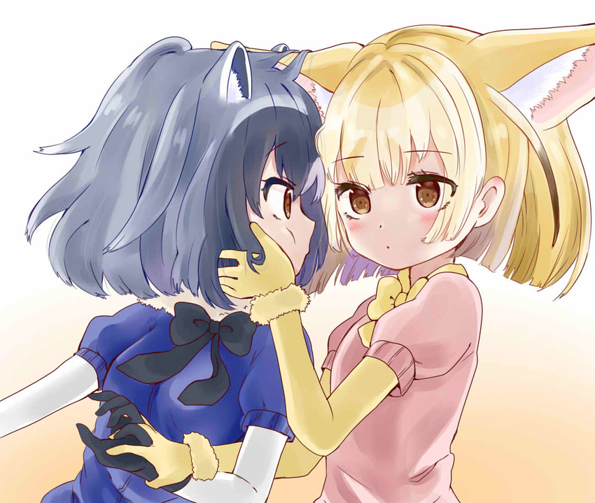 animal_ears black_bow black_gloves black_hair black_neckwear blonde_hair blush bow bowtie brown_eyes commentary_request common_raccoon_(kemono_friends) extra_ears eye_contact fennec_(kemono_friends) fox_ears gloves grey_hair hand_in_another's_hair hekicho holding_hands kemono_friends looking_at_another multiple_girls open_mouth puffy_short_sleeves puffy_sleeves raccoon_ears short_hair short_sleeves yellow_bow yellow_gloves yellow_neckwear yuri
