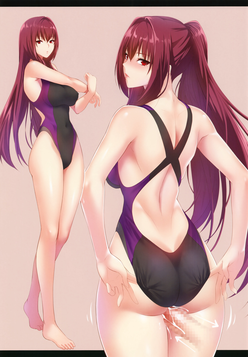 absurdres alternate_hairstyle ass back bangs bare_arms bare_legs bare_shoulders barefoot black_swimsuit censored collarbone competition_swimsuit covered_navel covered_nipples cowboy_shot cum cum_in_pussy eyebrows_visible_through_hair eyelashes fate/grand_order fate_(series) from_behind full_body hair_between_eyes hair_intakes half-closed_eyes hetero highleg highleg_swimsuit highres huge_filesize long_hair looking_at_viewer looking_back mosaic_censoring one-piece_swimsuit penis pink_lips ponytail pulled_by_self purple_hair red_eyes scan scathach_(fate)_(all) scathach_(fate/grand_order) sex sidelocks skin_tight solo_focus standing standing_sex stretch swimsuit swimsuit_pull thigh_sex very_long_hair zucchini