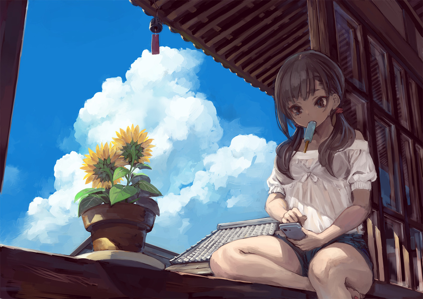 bangs bare_legs barefoot black_bra blue_sky bra brown_eyes brown_hair cellphone cloud covered_navel day denim denim_shorts flower food food_in_mouth holding holding_phone house long_hair looking_at_phone low_twintails mouth_hold nail_polish off-shoulder_shirt open_window original outdoors phone plant popsicle potted_plant red_nails see-through shirt short_shorts shorts sitting sky smartphone solo summer sunflower sunlight suzuno_(bookshelf) sweat toenail_polish tsurime twintails underwear white_shirt window windowsill