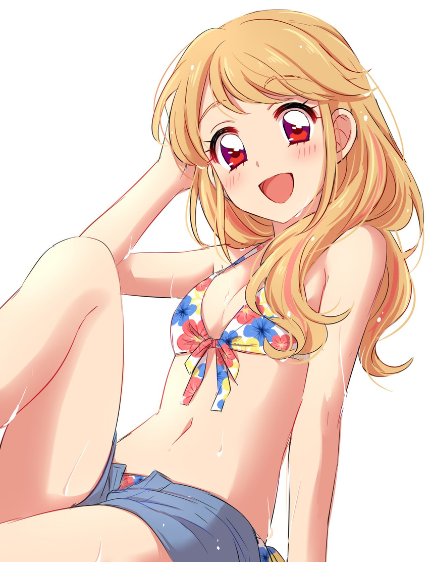 :d aikatsu! aikatsu!_(series) bangs bare_arms bare_shoulders bikini bikini_under_clothes blonde_hair blush breasts commentary denim denim_shorts eyebrows_visible_through_hair feet_out_of_frame floral_print hand_in_hair highres knee_up long_hair looking_at_viewer multicolored multicolored_eyes natsuki_mikuru navel open_mouth purple_eyes red_eyes sekina short_shorts shorts simple_background sitting small_breasts smile solo swimsuit wet white_background