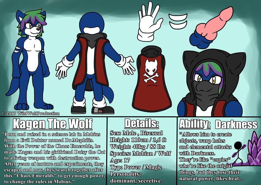 animal_genitalia animal_penis anthro blue_fur bone canide canine canine_penis clothing english_text fan_character flat_colour footwear fur gloves hi_res kagen_the_wolf knot male mammal model_sheet penis scarf shoes sonic_(series) standing text video_games wildwolfproduction wolf yellow_eyes