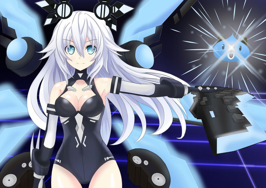 1girl black_heart blue_eyes breasts dogoo female leotard looking_at_viewer neptune_(series) noire smile solo weresdrim white_hair