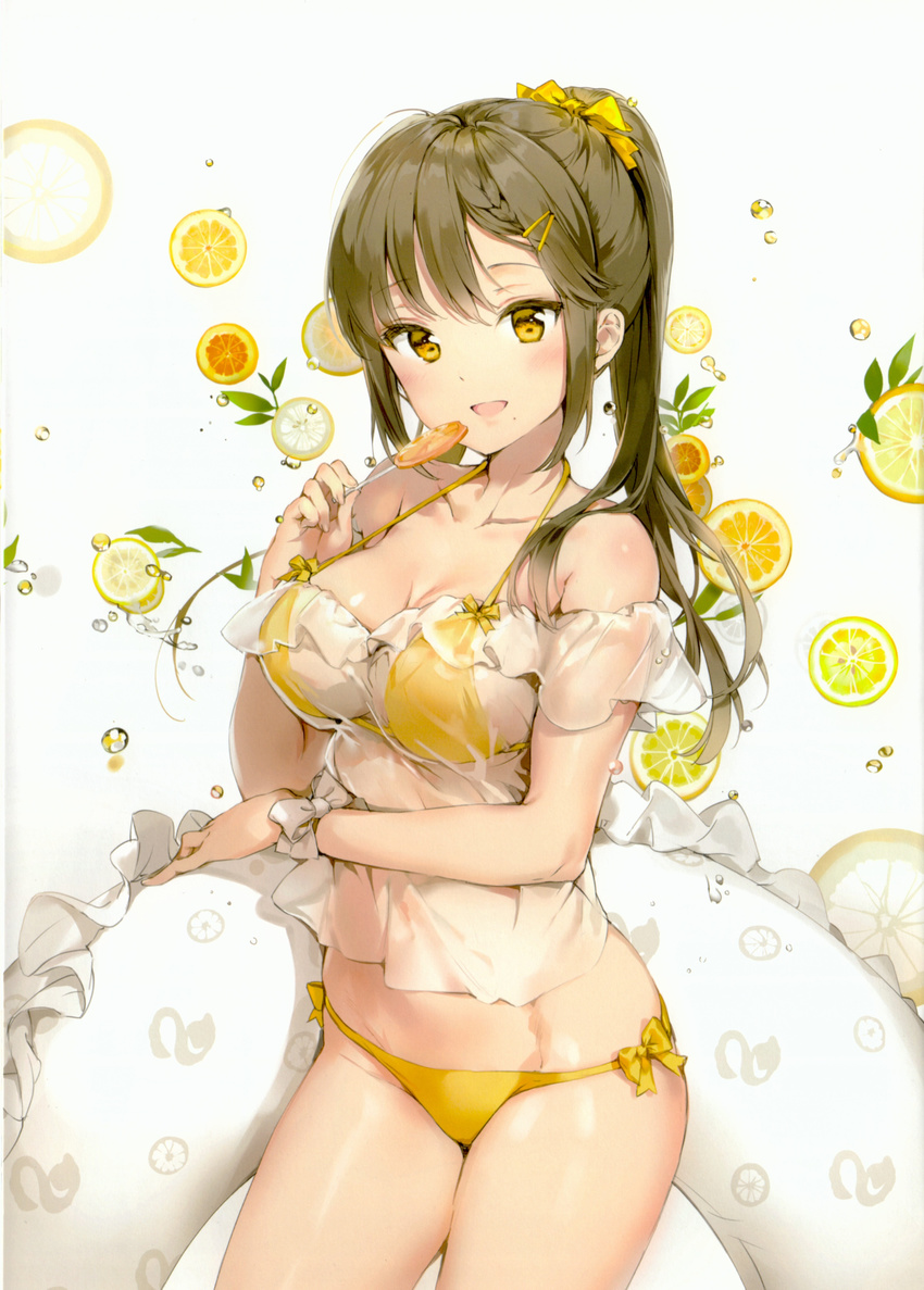 :d absurdres air_bubble anmi bangs bare_shoulders bikini blush bow bow_bikini breasts brown_hair bubble collarbone contrapposto crop_top eyebrows_visible_through_hair food fruit hair_bow hair_ornament hairclip halter_top halterneck highres holding holding_innertube holding_lollipop innertube large_breasts lemon lemon_print lemon_slice long_hair looking_at_viewer mole mole_under_mouth open_mouth original ponytail print_innertube scan see-through shirt simple_background smile solo standing swimsuit white_background white_shirt wrist_bow wristband yellow yellow_bikini yellow_bow yellow_eyes