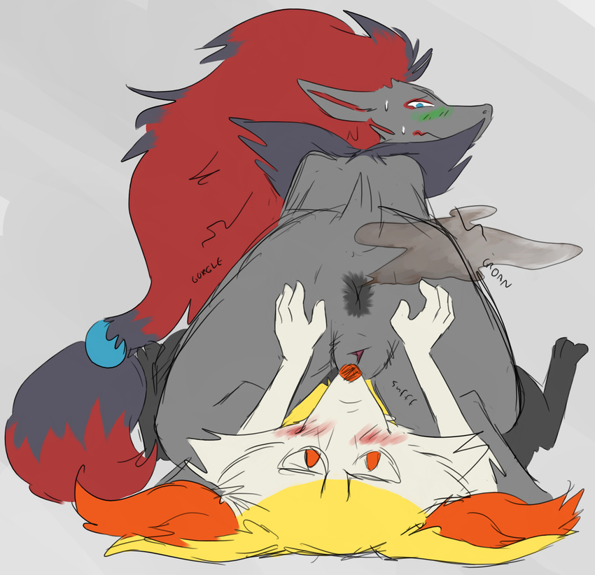 anus blush braixen conditional_dnp digital_drawing_(artwork) digital_media_(artwork) fart female looking_back mammal nintendo pok&eacute;mon pussy smelling sniffing sweat video_games wolftacos zoroark