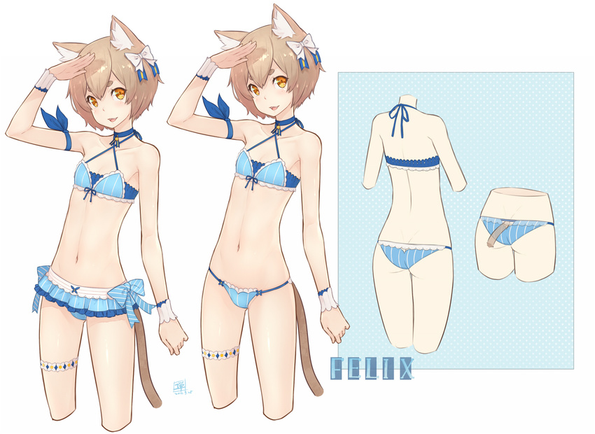 :3 :d adapted_costume androgynous animal_ears arm_ribbon arm_up armpits ass ass_cutout bangs bare_arms bare_back bare_shoulders bikini blue_bikini blue_bow blue_choker blue_ribbon blush bob_cut bolo_tie bow bow_bikini brown_hair cat_ears cat_tail character_name choker clenched_hand collarbone commentary_request criss-cross_halter cropped_arms cropped_legs cropped_neck cropped_tail cropped_torso cross-laced_clothes dan_(kumadan) dated diagonal_stripes fangs felix_argyle frilled_bikini frills from_behind hair_bow hair_ribbon halterneck inset jewelry lace lace-trimmed_bikini leg_garter looking_at_viewer lowleg lowleg_bikini male_focus multiple_views navel open_mouth orange_eyes otoko_no_ko parted_bangs pendant petite re:zero_kara_hajimeru_isekai_seikatsu ribbon shading_eyes short_eyebrows short_hair signature simple_background smile standing string_bikini striped striped_bow striped_ribbon swimsuit tail thick_eyebrows variations vertical-striped_bikini vertical_stripes white_background white_bow wrist_cuffs