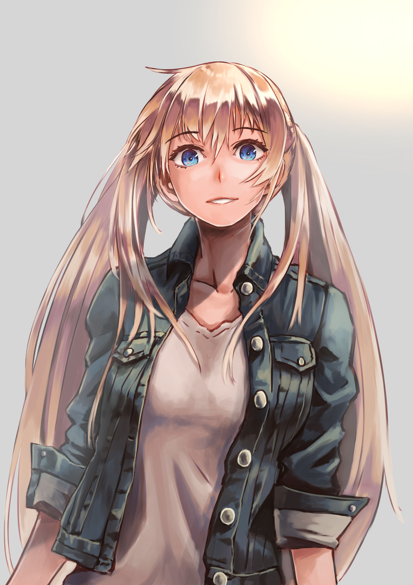 arms_at_sides bangs blonde_hair blue_eyes breasts buttons denim denim_jacket eyebrows_visible_through_hair grey_background highres kuroi_susumu long_hair looking_at_viewer medium_breasts original parted_lips pocket simple_background sleeves_rolled_up solo twintails upper_body very_long_hair wing_collar