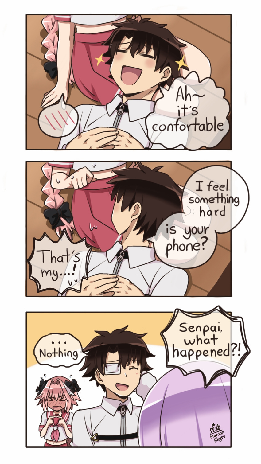 &gt;_&lt; 2boys astolfo_(fate) black_hair blush braid closed_eyes comic commentary embarrassed english eyepatch fang fate/apocrypha fate/grand_order fate_(series) fujimaru_ritsuka_(male) full-face_blush hair_ribbon highres lap_pillow maroonabyss mash_kyrielight multicolored_hair multiple_boys open_mouth otoko_no_ko pink_hair purple_hair red_sailor_collar red_skirt ribbon sailor_collar short_hair single_braid sitting skirt smile spanish streaked_hair typo yaoi