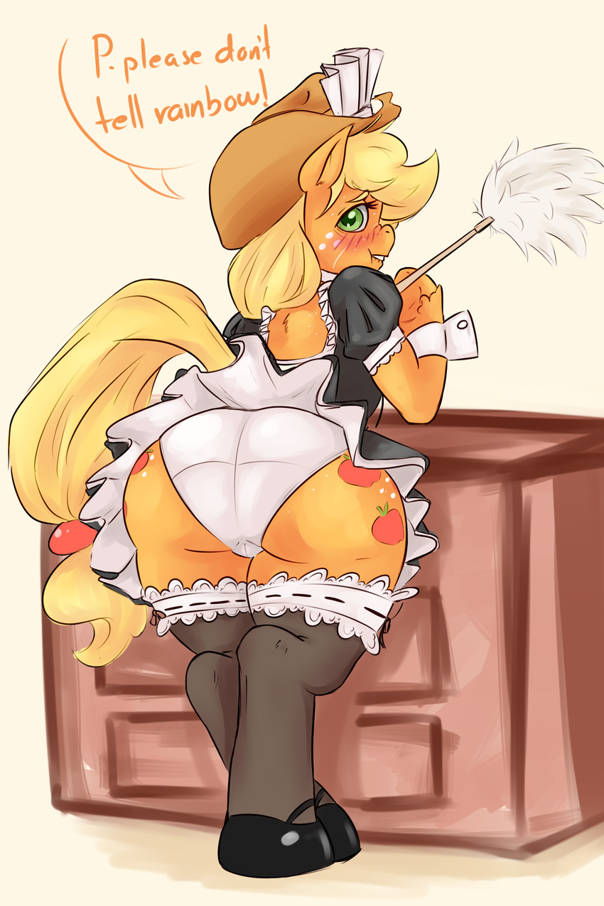 2013 applejack_(mlp) blush butt clothing cowboy_hat cutie_mark dialogue earth_pony english_text equine feather_duster female freckles friendship_is_magic fur green_eyes hat hi_res horse maid_uniform mammal my_little_pony orange_fur panties pony solo sundown_(artist) text thick_thighs underwear uniform