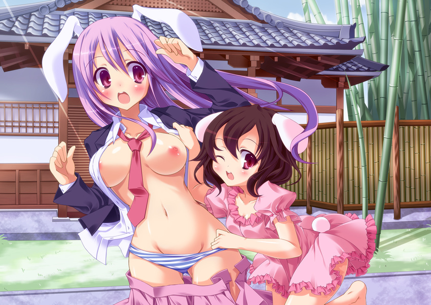 animal_ears assisted_exposure breasts brown_hair bunny_ears inaba_tewi long_hair medium_breasts multiple_girls navel nipples no_bra open_clothes open_shirt panties panty_pull purple_hair red_eyes reisen_udongein_inaba shirt short_hair striped striped_panties touhou underwear undressing yayoi_and_nagi