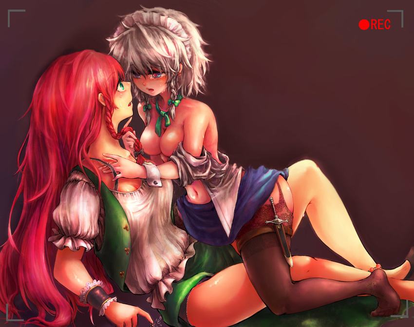 bad_id bad_pixiv_id blue_eyes braid breasts chinese_clothes garter_straps green_eyes hat hong_meiling izayoi_sakuya lingerie long_hair maid maid_headdress medium_breasts multiple_girls recording red_hair setsugeka_tumugi short_hair silver_hair thighhighs touhou twin_braids underwear wrist_cuffs yuri