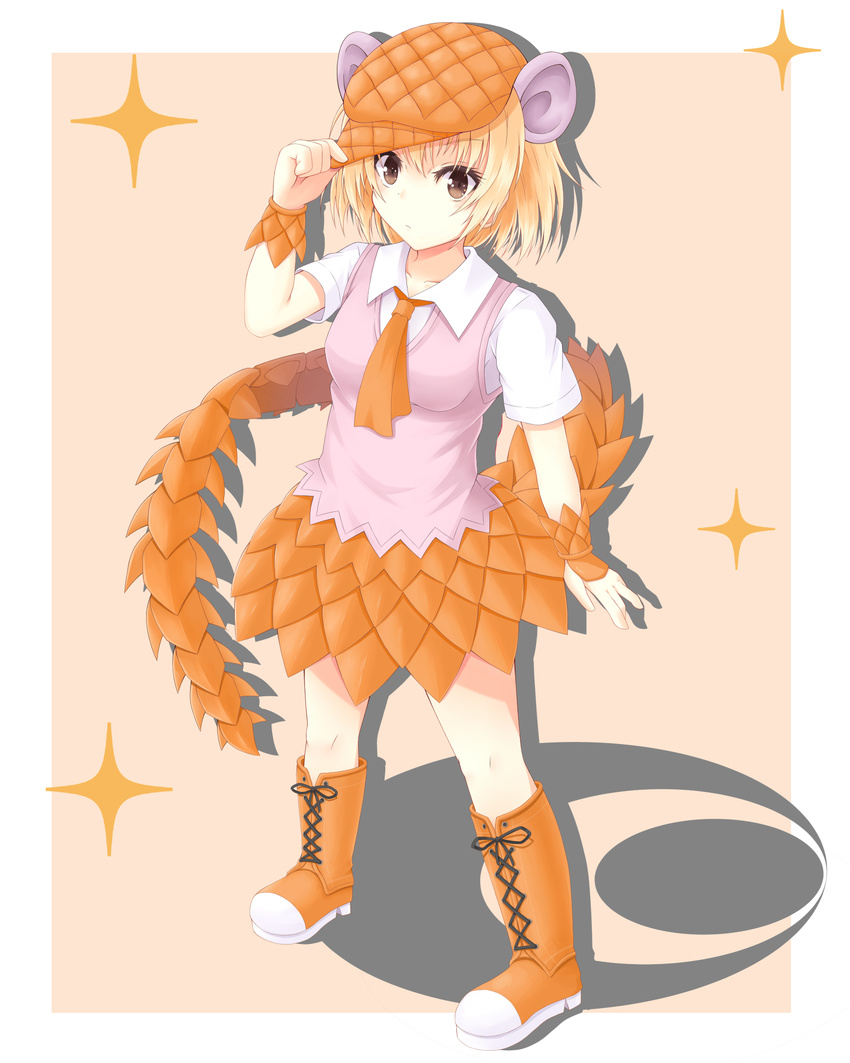 blonde_hair blush boots bracelet brown_eyes giant_pangolin_(kemono_friends) hat highres jewelry kemono_friends looking_at_viewer necktie pangolin_ears pangolin_tail solo sora_(sunday_sky) sparkle