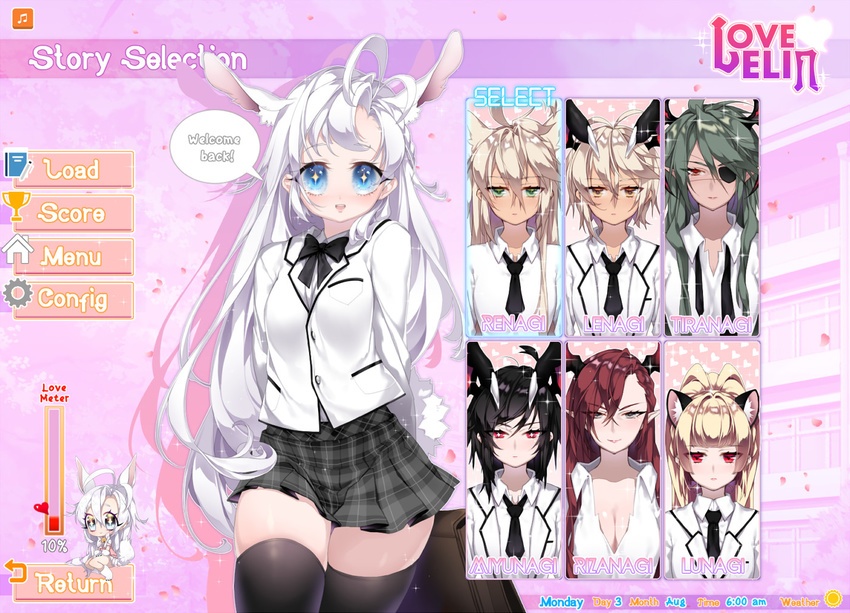 6+girls :d animal_ears antenna_hair asymmetrical_bangs bag bangs beamed_eighth_notes black_bow black_hair black_legwear black_neckwear black_skirt blazer blonde_hair blue_eyes blunt_bangs blush bow bowtie breasts castanic_(tera) cat_ears character_name chibi cleavage closed_mouth collarbone collared_shirt commentary dark_skin deathalice elin_(tera) english expressionless eyebrows_visible_through_hair eyepatch fake_screenshot green_eyes green_hair hair_between_eyes head_wings heart jacket large_breasts long_hair looking_at_viewer multiple_girls musical_note necktie number open_mouth pink_background pleated_skirt pointy_ears red_eyes school_bag school_uniform shirt short_hair silhouette silver_hair sitting skirt smile speech_bubble tera_online thighhighs very_long_hair white_shirt wing_collar
