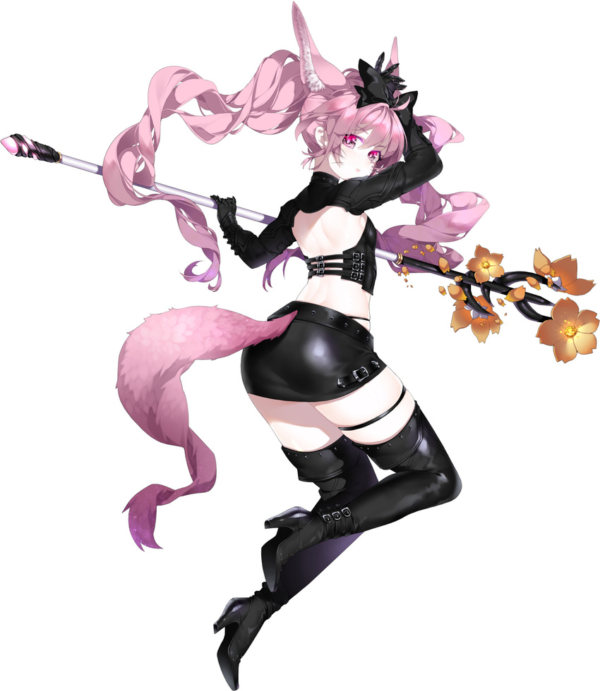 animal_ears arm_up belt_boots black_bow black_footwear black_gloves black_legwear black_skirt boots bow choker deathalice elbow_gloves elin_(tera) eyebrows_visible_through_hair floating_hair fox_ears fox_tail from_behind from_side full_body gloves hair_between_eyes high_heel_boots high_heels highres holding holding_staff leather leather_boots leather_skirt long_hair long_sleeves looking_at_viewer looking_back pink_eyes pink_hair priest simple_background skirt solo staff tail tera_online thigh_boots thigh_strap thighhighs twintails very_long_hair white_background