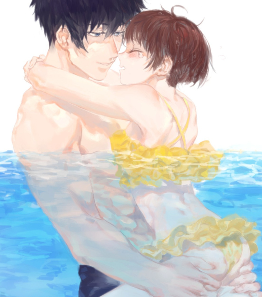 1girl abs ahoge ass ass_grab bikini black_hair blush brown_hair closed_eyes frilled_bikini frills grey_eyes hetero highres hug kougami_shin'ya looking_at_another muscle psycho-pass short_hair swimsuit teardrop tsunemori_akane tuta water yellow_bikini