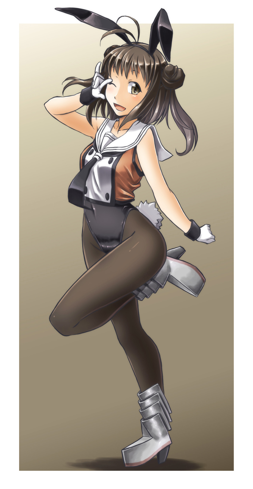 absurdres alto-00 animal_ears antenna_hair black_hair black_legwear black_leotard black_neckwear brown_eyes bunny_ears bunny_tail bunnysuit double_bun gloves gradient gradient_background highres kantai_collection leotard looking_at_viewer naka_(kantai_collection) necktie one_eye_closed pantyhose remodel_(kantai_collection) sailor_collar school_uniform serafuku solo standing standing_on_one_leg tail white_gloves white_sailor_collar