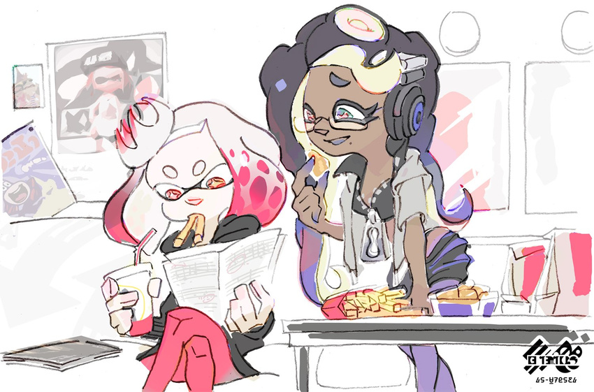 black_hair cephalopod_eyes chicken_nuggets commentary_request cropped_jacket crown dark_skin eating food french_fries gradient_hair hime_(splatoon) iida_(splatoon) inoue_seita logo long_hair mcdonald's multicolored_hair multiple_girls octarian official_art pantyhose pink_eyes poster_(object) purple_eyes short_hair sitting splatoon_(series) splatoon_2 tentacle_hair white_hair