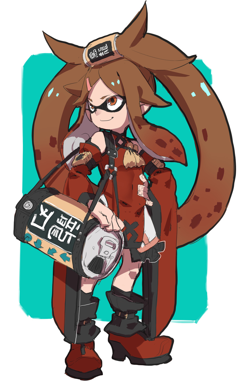 absurdres ankle_boots bag beer_can boots brown_eyes brown_hair can china_dress chinese_clothes cosplay detached_sleeves domino_mask dress flat_chest full_body guilty_gear hair_tubes highres inkling kuradoberi_jam kuradoberi_jam_(cosplay) long_hair makai mask oversized_object solo splatoon_(series) standing tentacle_hair very_long_hair
