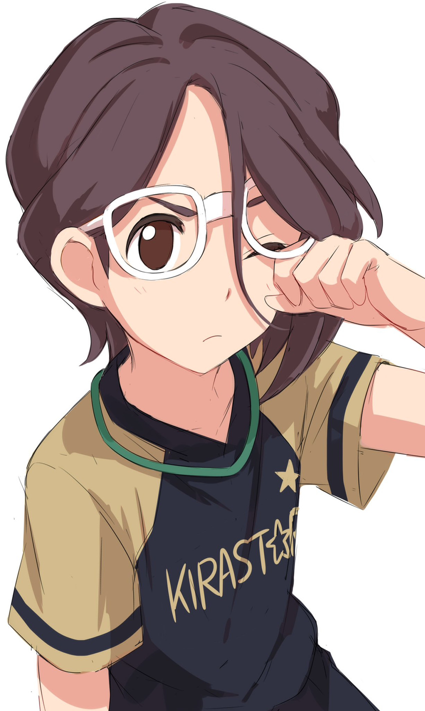 &gt;:( brown_eyes brown_hair character_request closed_mouth commentary_request copyright_request frown glasses highres looking_at_viewer male_focus medium_hair one_eye_closed sekina shirt short_sleeves simple_background solo upper_body v-shaped_eyebrows white_background wiping_eyes