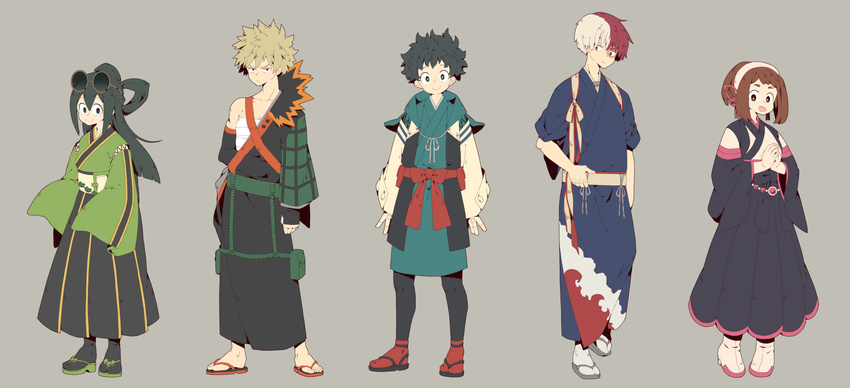 3boys :d alternate_costume asui_tsuyu bakugou_katsuki bandages bangs beige_background black_hair black_hakama black_legwear blonde_hair boku_no_hero_academia bright_pupils brown_hair closed_mouth eyewear_on_head fingerless_gloves freckles frog full_body fur_trim gloves hadanugi_dousa hair_rings hairband hakama hands_together highres japanese_clothes jitome kimono long_hair long_sleeves looking_at_viewer midoriya_izuku multicolored_hair multiple_boys multiple_girls open_mouth plaid pouch red_hair sandals simple_background sleeves_past_wrists slippers smile standing sunglasses tabi tasuki todoroki_shouto two-tone_hair uppi uraraka_ochako white_hair white_legwear white_pupils wide-eyed wide_sleeves