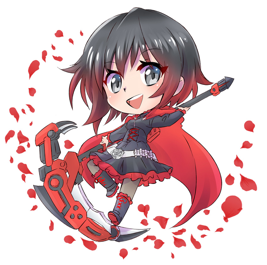 bandolier black_dress black_hair cape chibi crescent_rose dress highres iesupa looking_at_viewer multicolored_hair pantyhose petals red_hair ruby_rose rwby rwby_chibi scythe silver_eyes solo