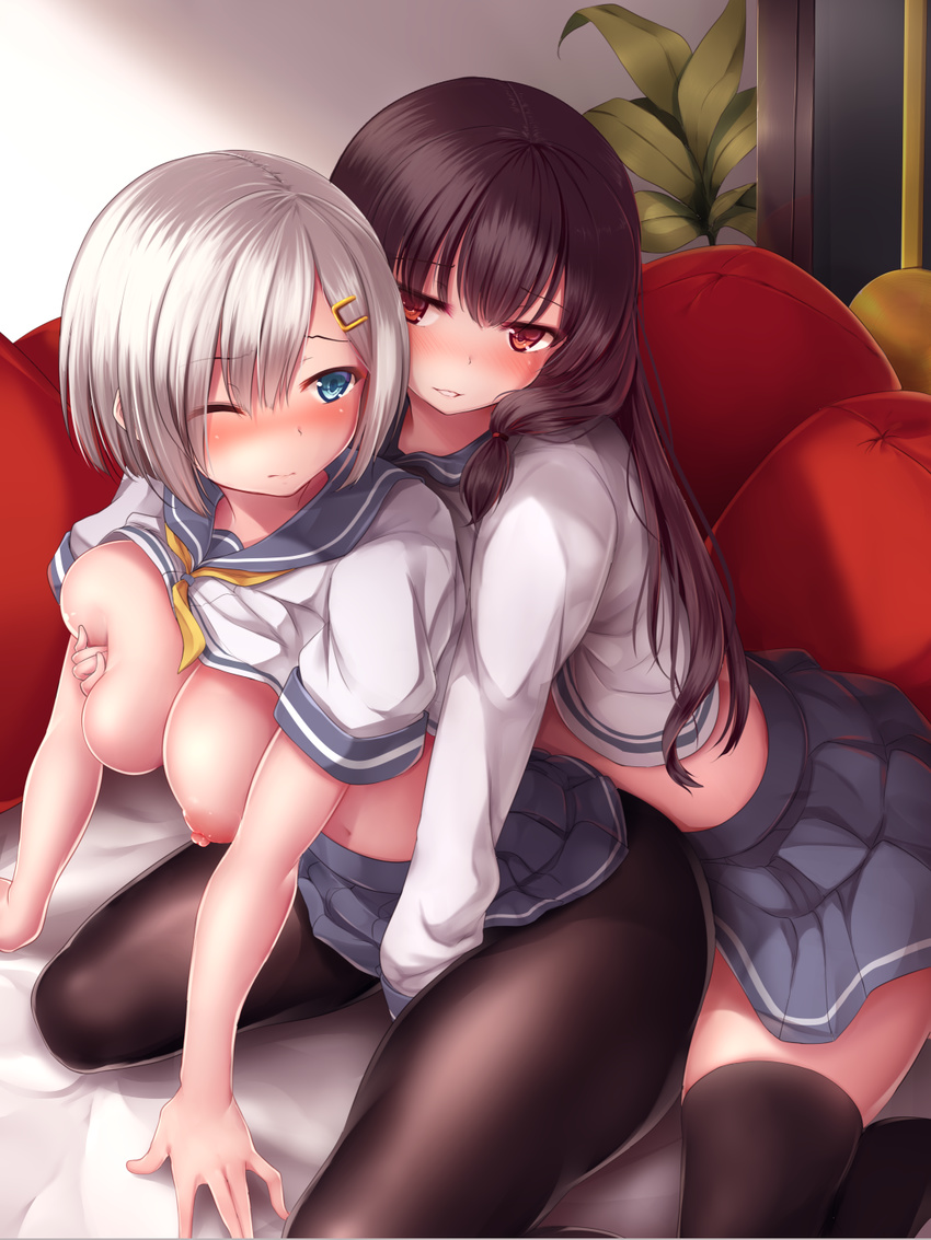 arm_support bangs between_legs black_hair black_legwear blue_eyes blue_skirt blush breast_grab breasts closed_mouth commentary_request deep_skin eyebrows_visible_through_hair eyes_visible_through_hair grabbing hair_ornament hair_ribbon hairclip hamakaze_(kantai_collection) hand_between_legs highres indoors isokaze_(kantai_collection) kantai_collection large_breasts long_hair looking_at_another multiple_girls neckerchief nicoby nipples no_bra one_eye_closed pantyhose parted_lips pillow plant pleated_skirt red_eyes red_pillow red_ribbon ribbon school_uniform serafuku shirt_lift short_hair short_sleeves silver_hair sitting skirt sleeve_cuffs thighhighs tress_ribbon wariza yellow_neckwear yuri