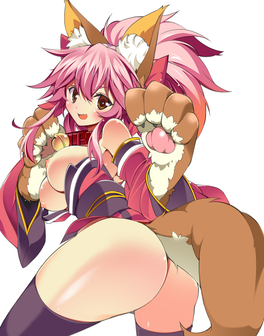 absurdres animal_ears ass bell bell_collar black_legwear blush breasts collar detached_sleeves fang fate/grand_order fate_(series) fox_ears fox_tail hair_ribbon highres japanese_clothes large_breasts long_hair looking_at_viewer looking_back nib_pen_(medium) nipples open_mouth paws pink_hair ribbon simple_background solo tail tamamo_(fate)_(all) tamamo_cat_(fate) thighhighs tomatomato_(tomato_kanzume) traditional_media white_background yellow_eyes