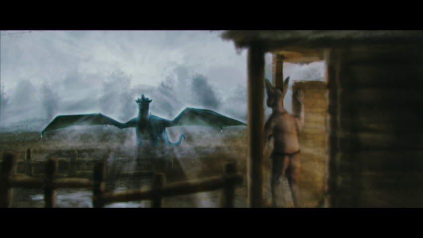 2018 5_fingers awouay biped black_eyes blurred_foreground clothed clothing curved_horn cyan_scales cyan_skin day digital_media_(artwork) dragon duo falcrus fence front_view green_skin grey_bottomwear grey_topwear hi_res horn humanoid hut letterbox looking_at_another membranous_wings outside pants quadruped scales scalie shirt smile smooth_horn solo_focus spread_wings standing sunrays watermark western_dragon white_horn wings