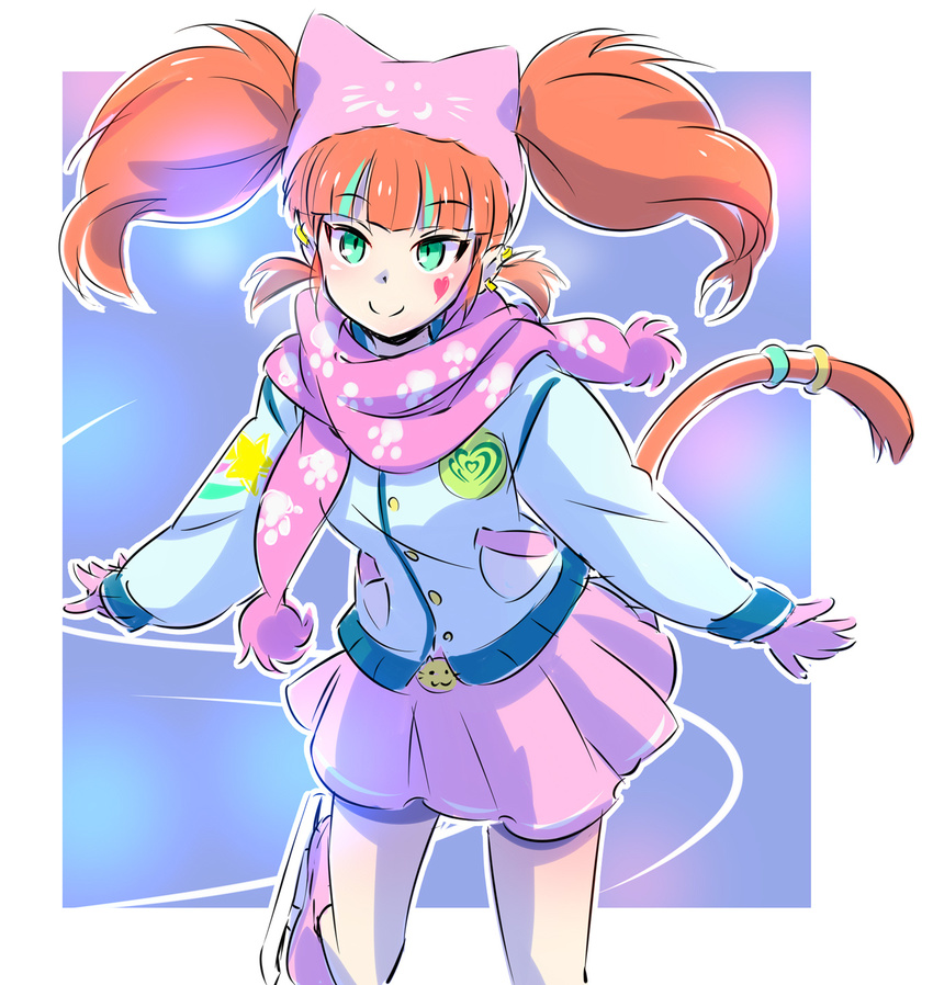 animal_hat aqua_eyes cat_hat cat_tail earrings hair_through_headwear hat highres ice_skates iesupa jacket jewelry looking_at_viewer neon_katt orange_hair rwby scarf skates smile solo tail twintails