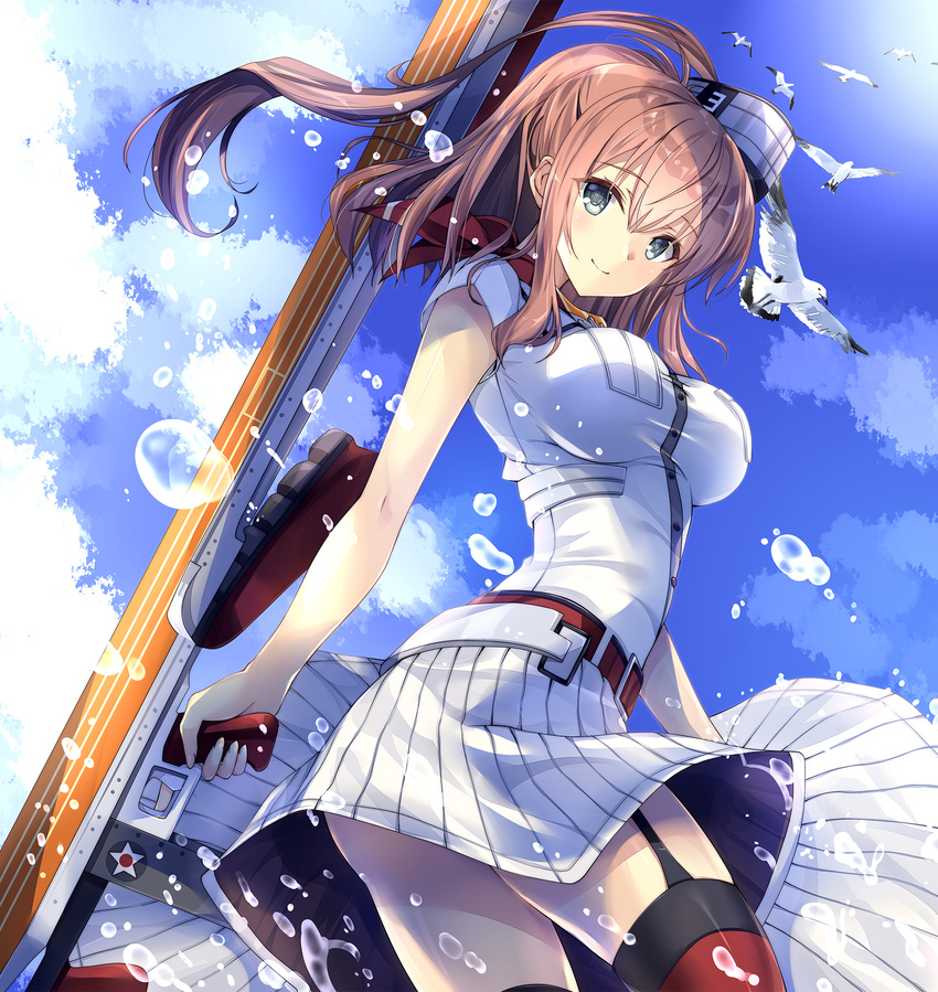 bangs belt bird blue_eyes blue_sky breasts brown_hair bubble buttons cloud cowboy_shot day dress eyebrows_visible_through_hair flight_deck from_side garter_straps hair_between_eyes highres kantai_collection kobayashi_chisato large_breasts long_hair looking_at_viewer one_side_up ponytail red_legwear rigging saratoga_(kantai_collection) seagull shirt short_sleeves sidelocks skirt sky smile solo standing thighhighs twisted_torso white_dress white_shirt white_skirt