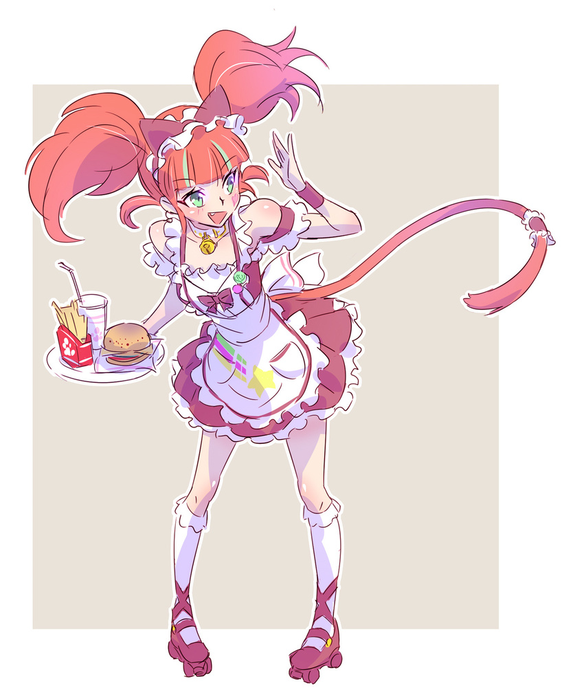 animal_ears apron aqua_eyes bell bell_collar cat_ears cat_tail collar cup disposable_cup drinking_straw fake_animal_ears fang_out food french_fries hamburger highres iesupa maid_headdress neon_katt orange_hair roller_skates rwby skates solo tail twintails