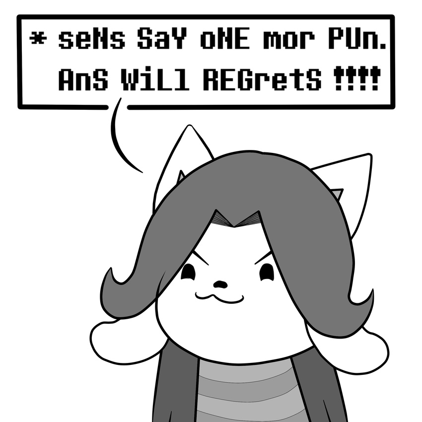 angry anthro azen_(artist) english_text greyscale hi_res mammal monochrome reaction_image simple_background smile solo tem temmie_(undertale) text threat undertale video_games white_background