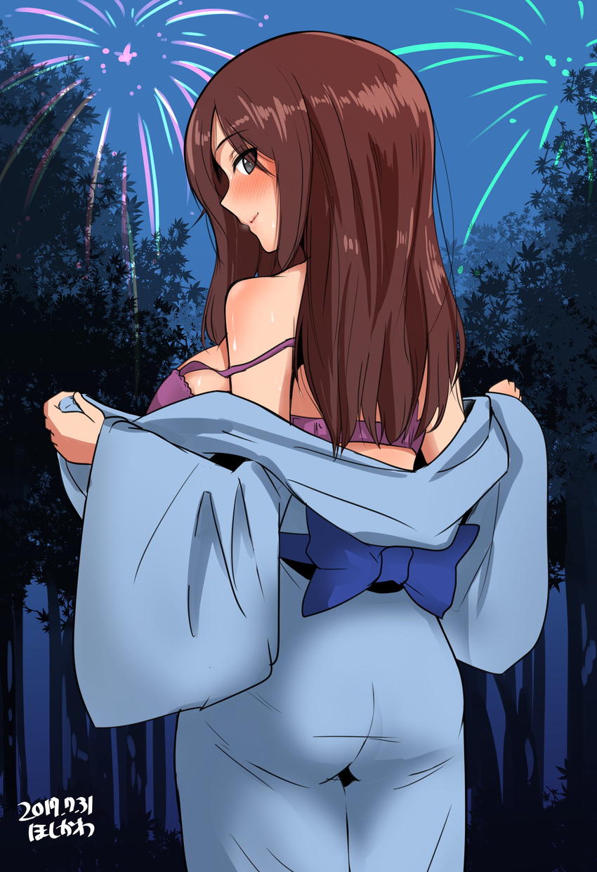 absurdres aerial_fireworks artist_name ass bangs blue_eyes blue_kimono blush bra brown_hair closed_mouth commentary_request cowboy_shot dated fireworks forest from_behind girls_und_panzer highres hoshikawa_(hoshikawa_gusuku) japanese_clothes kimono kimono_pull light_smile long_hair looking_at_viewer looking_back nature night night_sky nonna profile purple_bra signature sky solo standing strap_slip swept_bangs tree underwear undressing yukata