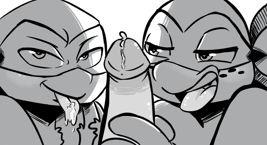 anthro cum duo humanoid_penis inkyfrog male male/male michelangelo_(tmnt) monochrome open_mouth penis raphael_(tmnt) reptile scalie teenage_mutant_ninja_turtles tongue tongue_out turtle