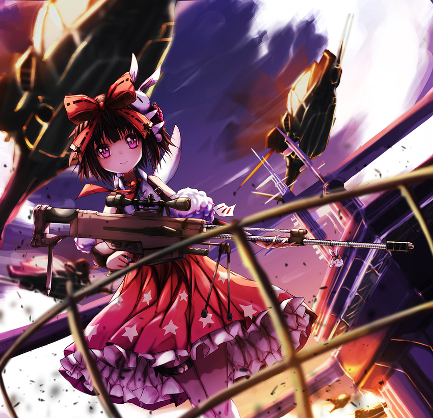 :&gt; aircraft blush bow brown_hair bunny_hair_ornament closed_mouth cloud collared_shirt commentary dutch_angle girls_frontline gun hair_bow hair_ornament helicopter highres holding holding_gun holding_weapon m99_(girls_frontline) necktie outdoors pink_eyes railing red_bow red_neckwear red_skirt roon shirt skirt sky sleeveless sleeveless_shirt solo standing star star_print sunset weapon white_shirt wind wing_collar zijiang_m99
