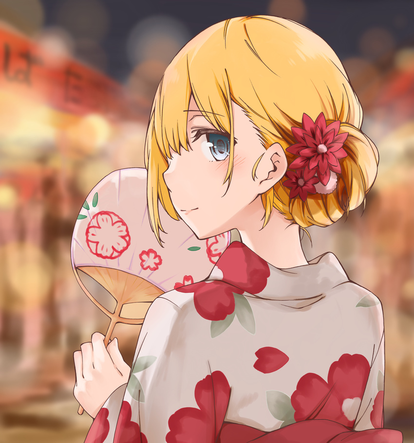 blonde_hair blue_eyes blush fan festival flower flower_request from_behind gamers! hair_flower hair_ornament highres japanese_clothes kimono looking_at_viewer looking_back paper_fan smile tendou_karen uchiwa wing_(aiastor) yukata