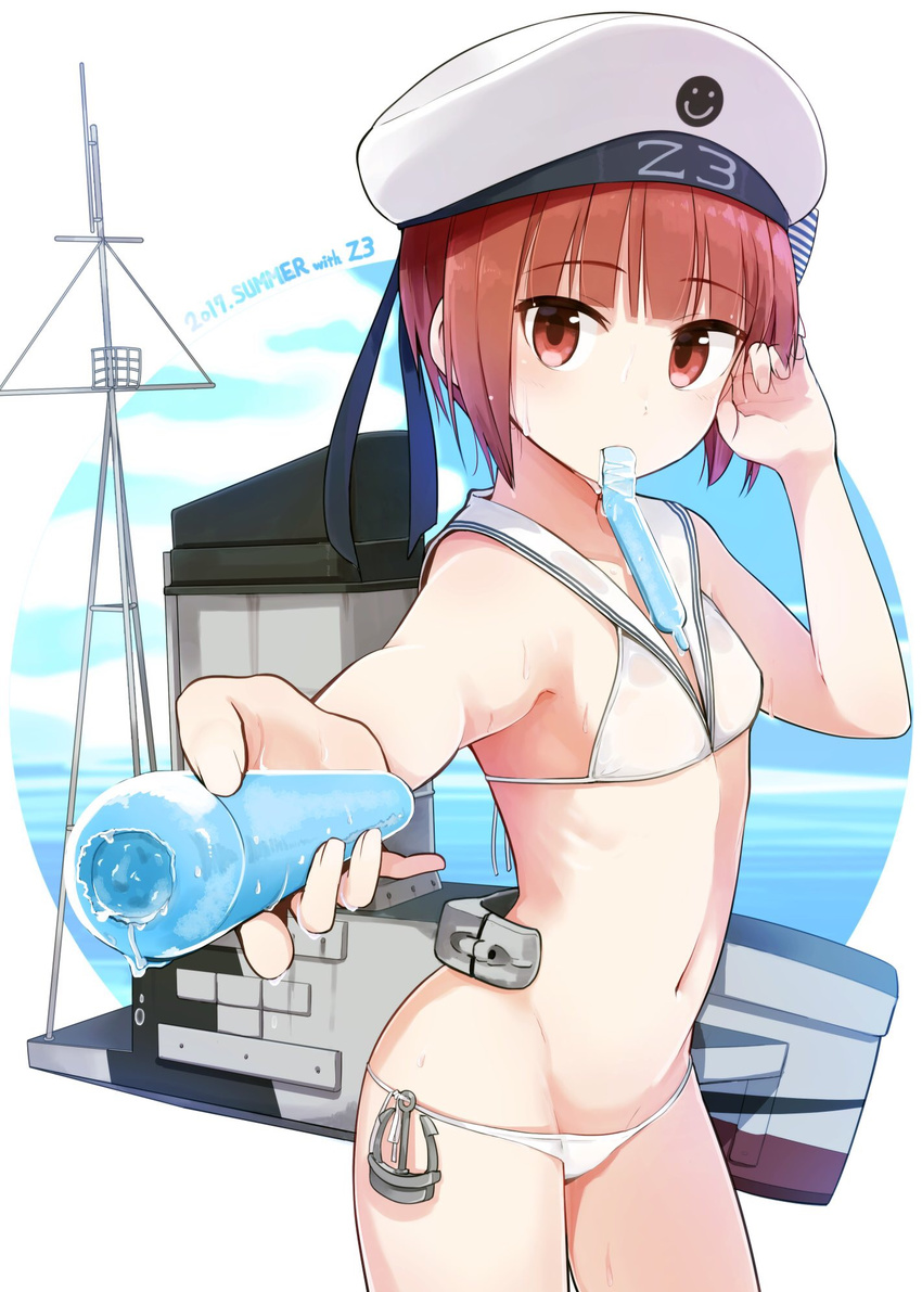 2017 bad_id bad_pixiv_id bangs banned_artist beret bikini blunt_bangs eyebrows_visible_through_hair hat highres kantai_collection looking_at_viewer mouth_hold navel outstretched_arm red_eyes red_hair sailor_bikini sailor_collar short_hair side-tie_bikini solo sweat swimsuit tupet white_background white_bikini white_hat yopan_danshaku z3_max_schultz_(kantai_collection)