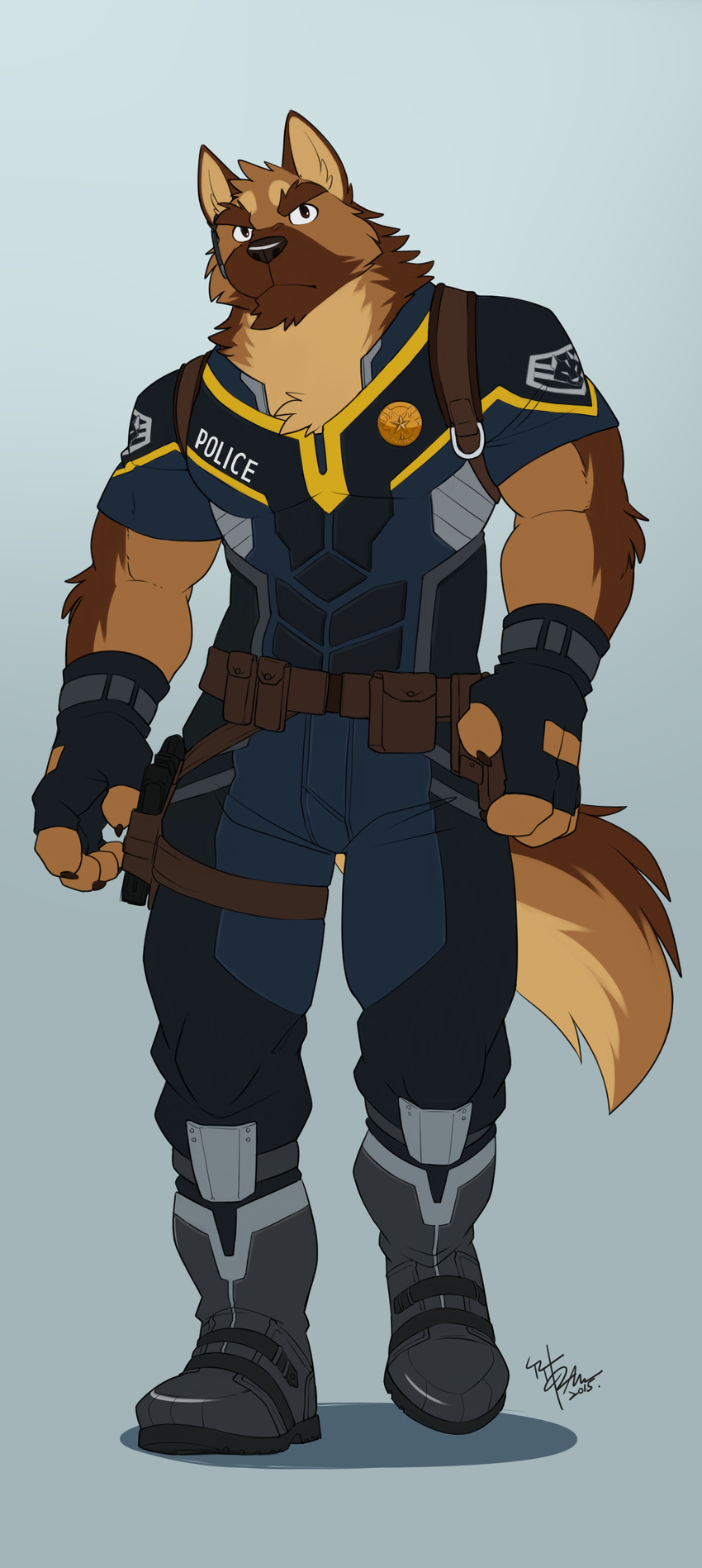 2015 5_fingers absurd_res anthro biceps black_nose boots brown_fur canine chest_tuft clothed clothing digital_media_(artwork) dog elbow_tufts fingerless_gloves footwear front_view fully_clothed fur german_shepherd gloves gun handgun headphones headset hi_res holster male mammal muscular neck_tuft officer_benson pecs pistol police ranged_weapon simple_background solo takemoto_arashi tuft uniform weapon
