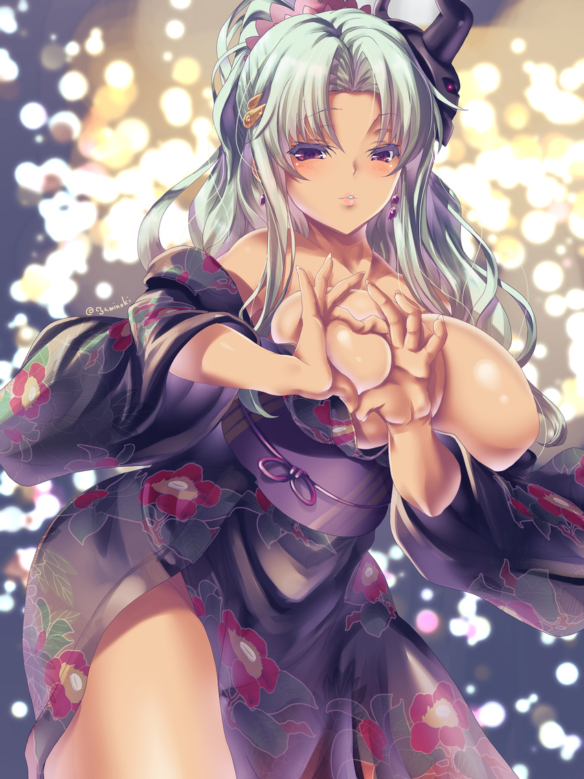 absurdres blush breasts collarbone colored_eyelashes contrapposto cowboy_shot daniella_(sennen_sensou_aigis) earrings eyebrows_visible_through_hair fingernails green_hair hair_ornament heart-shaped_boob_challenge highres japanese_clothes jewelry kimono kousaka_yami large_breasts long_hair looking_at_viewer obi parted_lips red_eyes sash sennen_sensou_aigis solo standing twitter_username