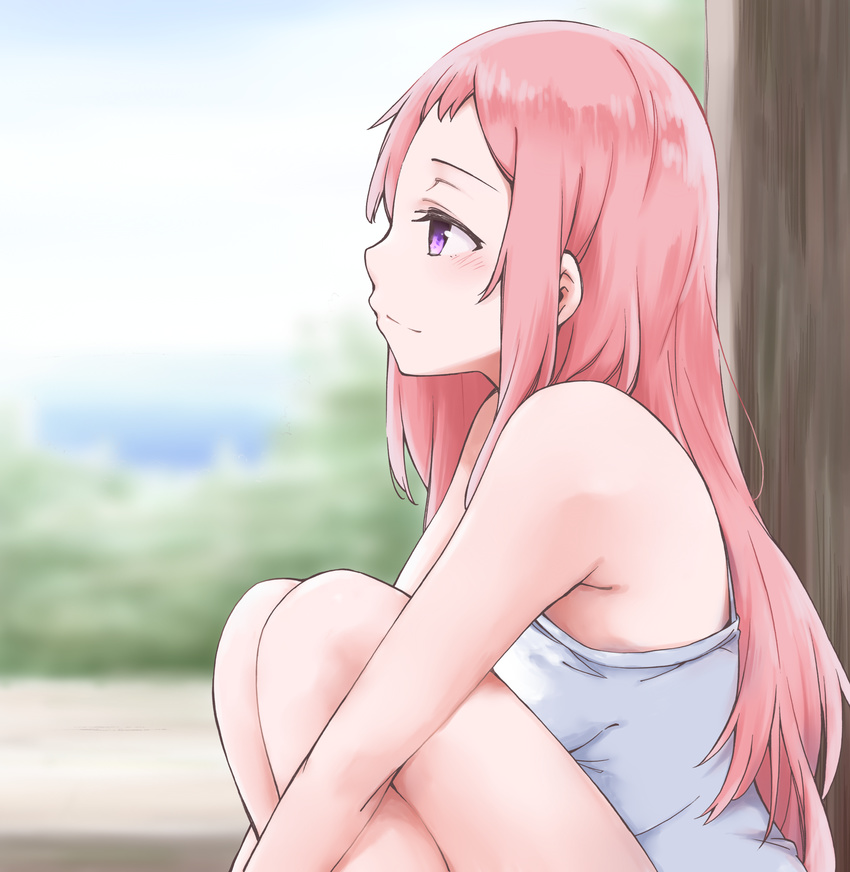 aguri_(gamers!) blurry breasts camisole closed_mouth cloud day depth_of_field from_side gamers! highres leg_hug long_hair medium_breasts outdoors pink_hair profile purple_eyes shirt sideways_mouth sitting sky sleeveless sleeveless_shirt smile solo very_long_hair white_shirt wing_(aiastor)