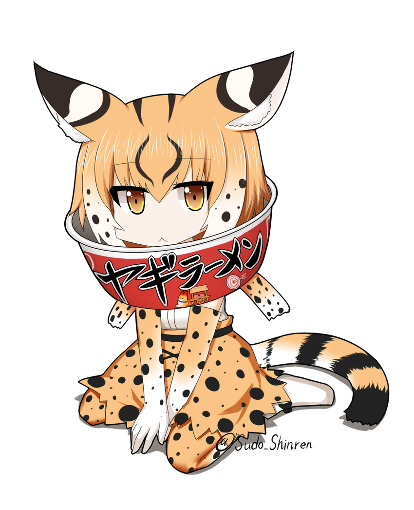 :&lt; animal_ears brown_eyes elbow_gloves extra_serval_(kemono_friends) eyebrows_visible_through_hair full_body gloves high-waist_skirt highres kemono_friends looking_at_viewer lucky_beast_(kemono_friends) multicolored_hair no_nose orange_hair orange_legwear print_gloves seiza serval_ears serval_print serval_tail shoes short_hair sitting skirt solo striped_tail sudo_shinren tail translated twitter_username white_background white_footwear white_hair