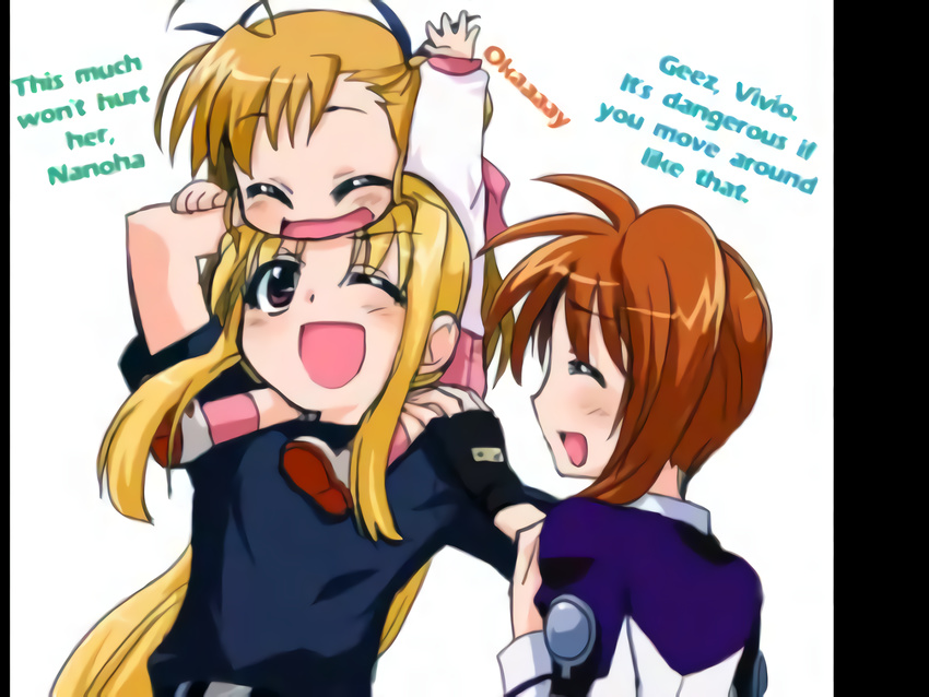 3girls adult blonde_hair brown_hair carry child couple daughter english eyes_closed family fate_testarossa hair_ornament happy looking_at_another lyrical_nanoha mahou_shoujo_lyrical_nanoha mahou_shoujo_lyrical_nanoha_strikers military_uniform mother multiple_girls ribbon side_ponytail smile takamachi_nanoha translated uniform vivio yuri