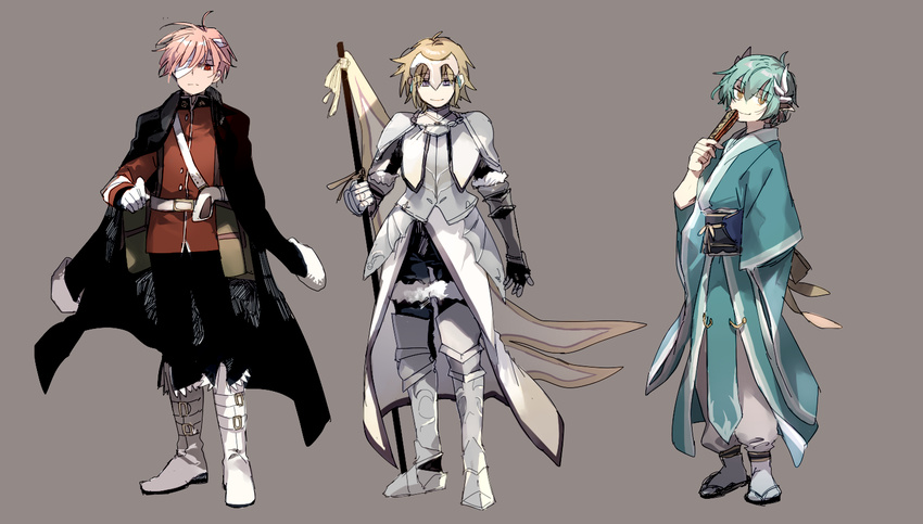 aqua_hair armor bandage_over_one_eye bandages belt blonde_hair blue_eyes boots chain fate/grand_order fate_(series) faulds flag florence_nightingale_(fate/grand_order) full_body fur_trim gauntlets genderswap genderswap_(ftm) gloves grey_background headpiece horns jacket_on_shoulders japanese_clothes jeanne_d'arc_(fate) jeanne_d'arc_(fate)_(all) kimono kiyohime_(fate/grand_order) looking_at_viewer male_focus military military_uniform multiple_boys newo_(shinra-p) pink_hair red_eyes simple_background smile standard_bearer uniform white_gloves yellow_eyes