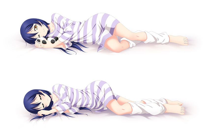 ;d barefoot blue_hair closed_eyes dress leg_warmers long_hair looking_at_viewer love_live! love_live!_school_idol_project lying music_s.t.a.r.t!! on_side one_eye_closed open_mouth short_dress simple_background sleeping smile sonoda_umi striped striped_dress white_background white_legwear yu-ta